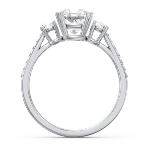3 Stone Cushion Cut Duchess Ring with Accents – 10K White Gold with White Premium Zirconia and Cubic Zirconia
