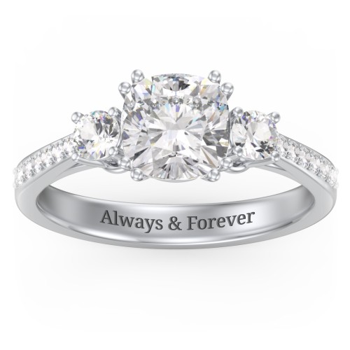 3 Stone Cushion Cut Duchess Ring with Accents – 10K White Gold with White Premium Zirconia and Cubic Zirconia