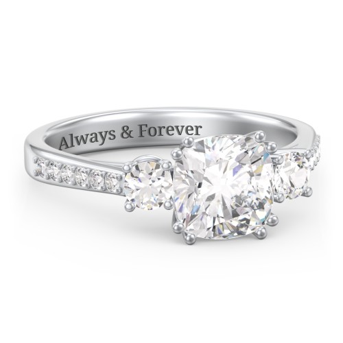 3 Stone Cushion Cut Duchess Ring with Accents – 10K White Gold with White Premium Zirconia and Cubic Zirconia