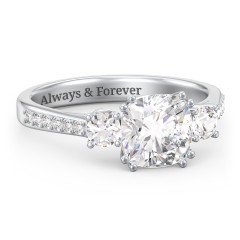 3 Stone Cushion Cut Duchess Ring with Accents – 10K Yellow Gold with White Premium Zirconia and Cubic Zirconia
