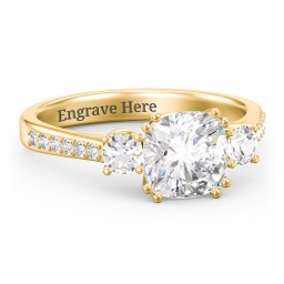 3 Stone Cushion Cut Duchess Ring with Accents in 10K Solid Yellow Gold with White Premium Zirconia and Cubic Zirconia