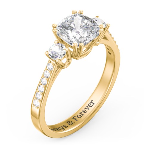 3 Stone Cushion Cut Duchess Ring with Accents – 10K Yellow Gold with White Premium Zirconia and Cubic Zirconia