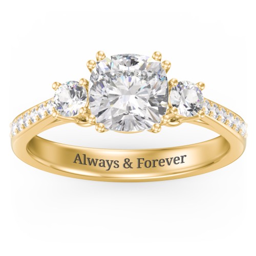 3 Stone Cushion Cut Duchess Ring with Accents – 10K Yellow Gold with White Premium Zirconia and Cubic Zirconia
