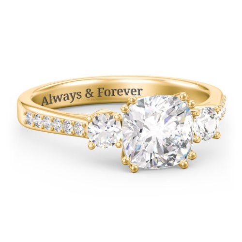 3 Stone Cushion Cut Duchess Ring with Accents – 10K Yellow Gold with White Premium Zirconia and Cubic Zirconia