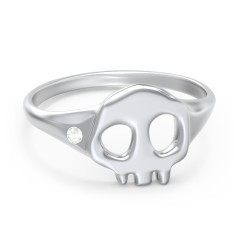 Women's Skull Signet Ring with Accent Stone – 10K White Gold with Cubic Zirconia