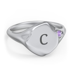 Women's Abstract Signet Ring with Accent Stone – 10K White Gold with Amethyst