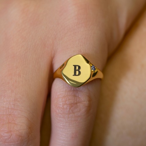 Women's Abstract Signet Ring with Accent Stone – 10K White Gold with Amethyst