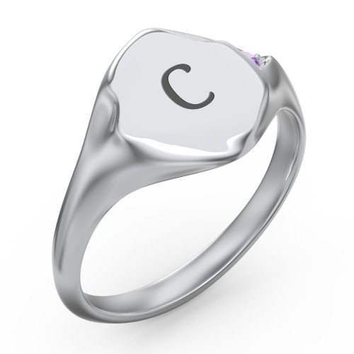 Women's Abstract Signet Ring with Accent Stone – 10K White Gold with Amethyst