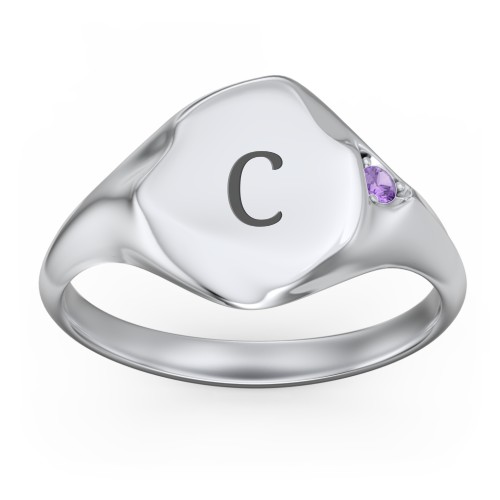 Women's Abstract Signet Ring with Accent Stone – 10K White Gold with Amethyst