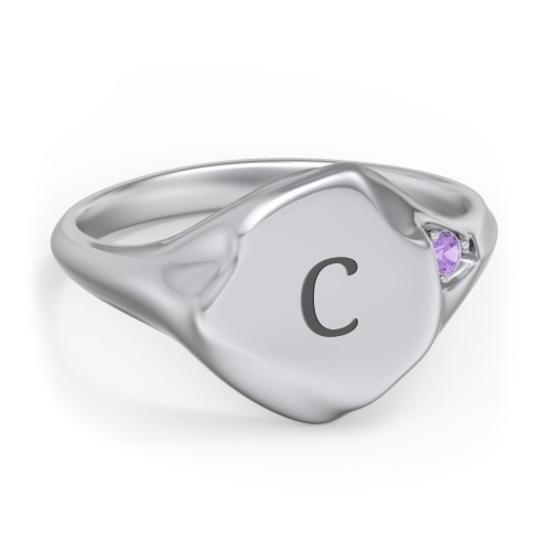 Women's Abstract Signet Ring with Accent Stone – 10K White Gold with Amethyst
