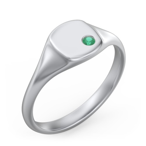 Women's Small Square Signet Ring with Accent Stone – Sterling Silver with Emerald