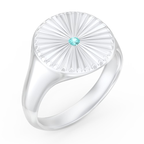 Women’s Sunburst Signet Ring with Birthstone – 10K White Gold with Mint Premium Zirconia
