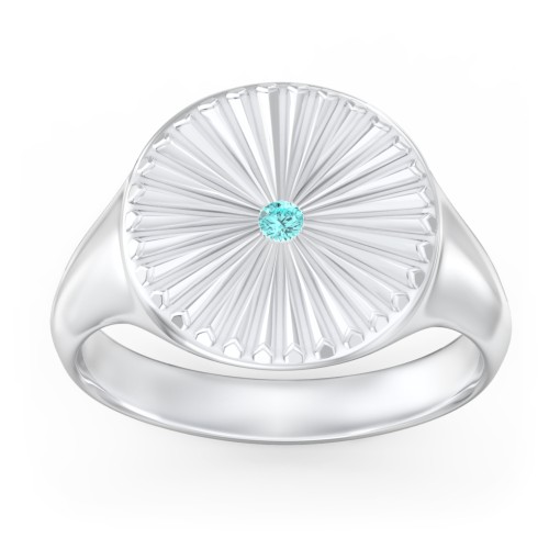 Women’s Sunburst Signet Ring with Birthstone – 10K White Gold with Mint Premium Zirconia