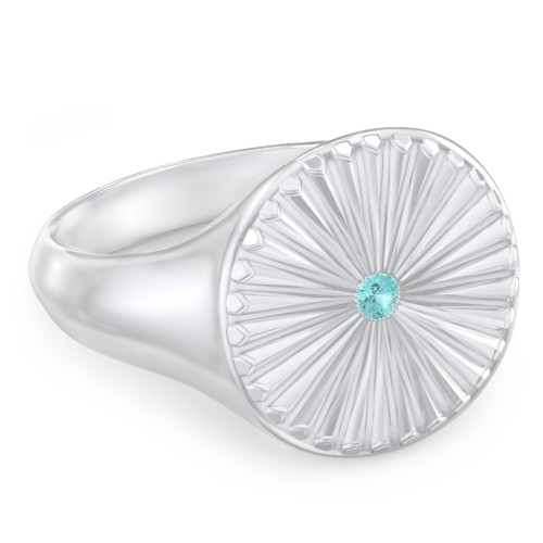 Women’s Sunburst Signet Ring with Birthstone – 10K White Gold with Mint Premium Zirconia