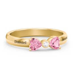 Birthstone Bow Ring with Bezeled Accent in 18K Gold Plated Silver with Pink Tourmaline and White Premium Zirconia