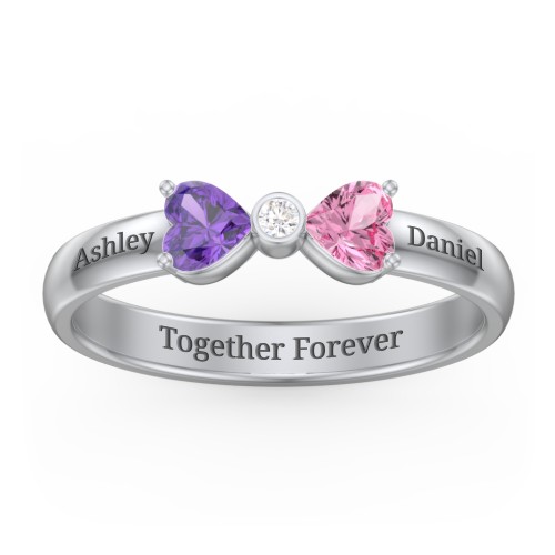 Birthstone Bow Ring with Bezeled Accent – 10K White Gold with Amethyst, Pink Tourmaline, and White Premium Zirconia
