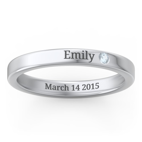 Stackable Birthstone Ring with Engraving – Sterling Silver with Aquamarine