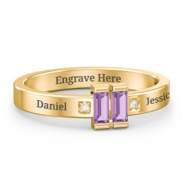 Baguette Birthstone Ring with Accents in 18K Gold Plated Silver with Amethyst and White Premium Zirconia