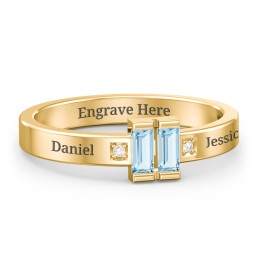 Baguette Birthstone Ring with Accents in 18K Gold Plated Silver with Blue Topaz and White Premium Zirconia