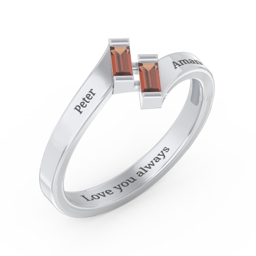 Engravable Slanted Baguette Ring – Sterling Silver with Garnet