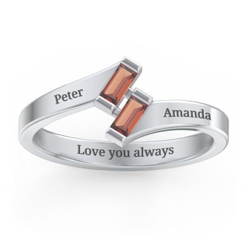 Engravable Slanted Baguette Ring – Sterling Silver with Garnet