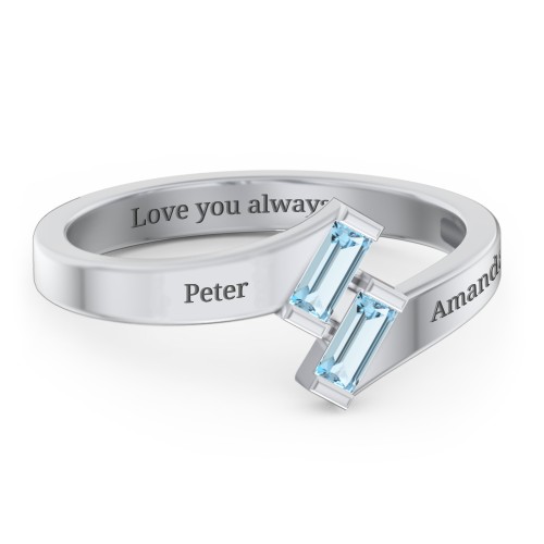 Engravable Slanted Baguette Ring – Sterling Silver with Blue Topaz