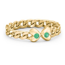 Curb Link Chain Heart Ring in 18K Gold Plated Silver with Emerald