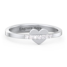 Solid Heart Ring with Accented Band in 10K Solid White Gold with White Premium Zirconia