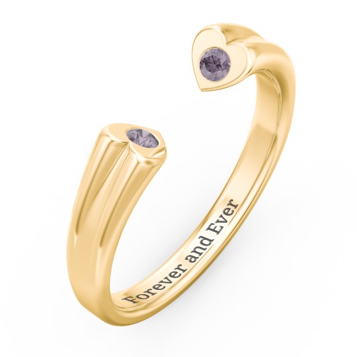 Engravable Open Cuff Heart Ring with Gemstones – 18K Gold Plated Silver with Alexandrite
