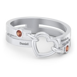 Engravable Diagonal Open Heart Ring in 925 Sterling Silver with Garnet