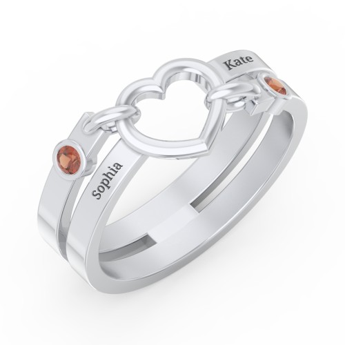 Engravable Diagonal Open Heart Ring – Sterling Silver with Garnet