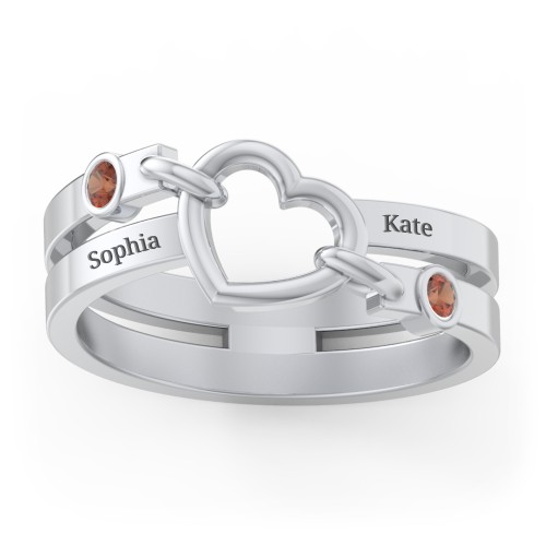 Engravable Diagonal Open Heart Ring – Sterling Silver with Garnet