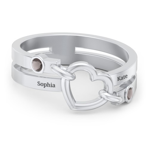 Engravable Diagonal Open Heart Ring – Sterling Silver with Smokey Quartz