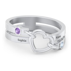 Engravable Diagonal Open Heart Ring – 10K White Gold with Amethyst and Blue Topaz