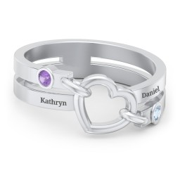 Engravable Diagonal Open Heart Ring in 10K Solid White Gold with Amethyst and Blue Topaz