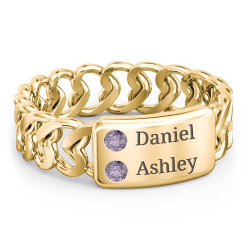 Heart Chain Link Ring with Nameplate – 18K Gold Plated Silver with Alexandrite