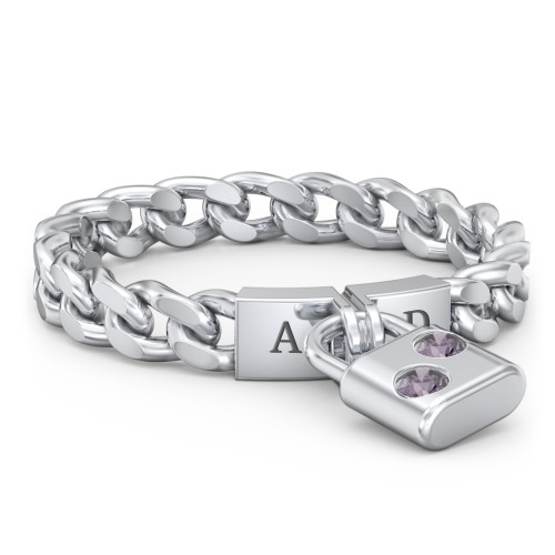 Engravable Padlock Chain Ring with Gemstones – Sterling Silver with Alexandrite