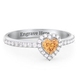 Halo Heart Ring with Accented Band in 925 Sterling Silver with Citrine and White Premium Zirconia