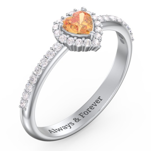 Halo Heart Ring with Accented Band – Sterling Silver with Citrine and White Premium Zirconia