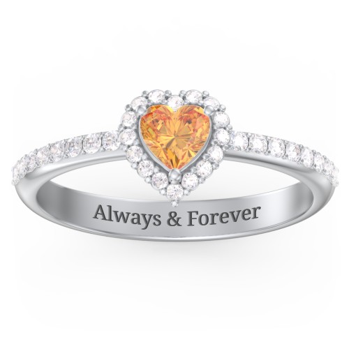 Halo Heart Ring with Accented Band – Sterling Silver with Citrine and White Premium Zirconia
