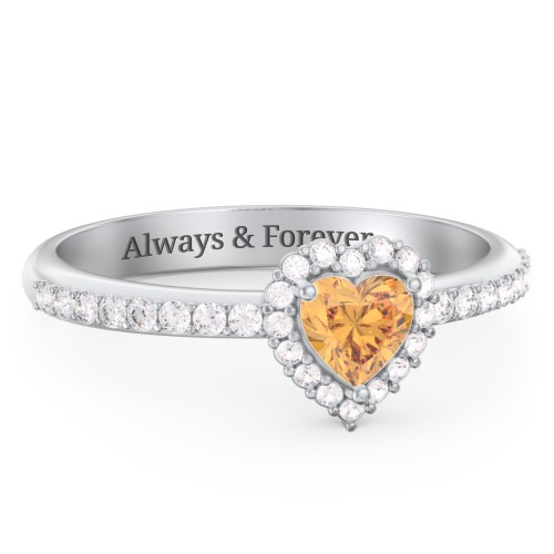 Halo Heart Ring with Accented Band – Sterling Silver with Citrine and White Premium Zirconia