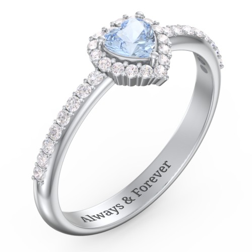 Halo Heart Ring with Accented Band – 10K White Gold with Aquamarine and White Premium Zirconia