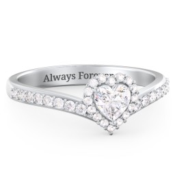 V-Shaped Halo Heart Ring with Accented Band