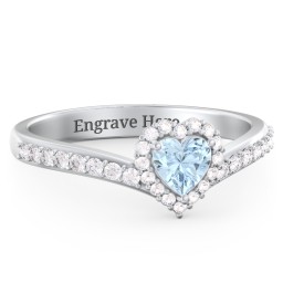 V-Shaped Halo Heart Ring with Accented Band