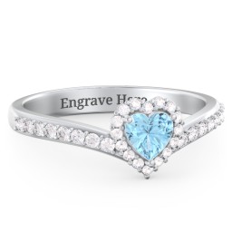 V-Shaped Halo Heart Ring with Accented Band