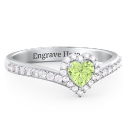 V-Shaped Halo Heart Ring with Accented Band