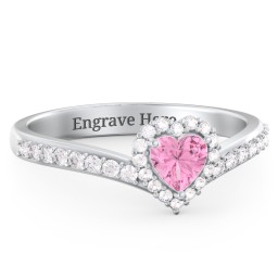 V-Shaped Halo Heart Ring with Accented Band