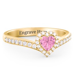 V-Shaped Halo Heart Ring with Accented Band in 18K Gold Plated Silver