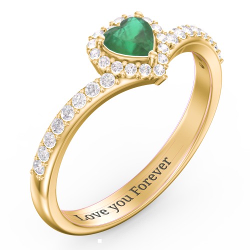V-Shaped Halo Heart Ring with Accented Band – 18K Gold Plated Silver with Emerald and White Premium Zirconia