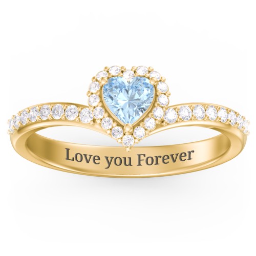 V-Shaped Halo Heart Ring with Accented Band – 18K Gold Plated Silver with Aquamarine and White Premium Zirconia
